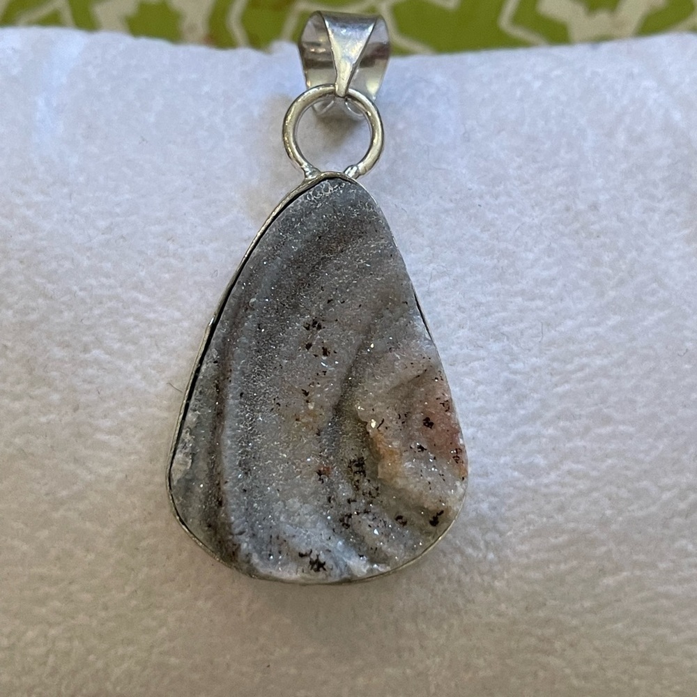 Natural Desert Druzy Teardrop Sterling Silver Pendant Gray White Pink Black  NEW